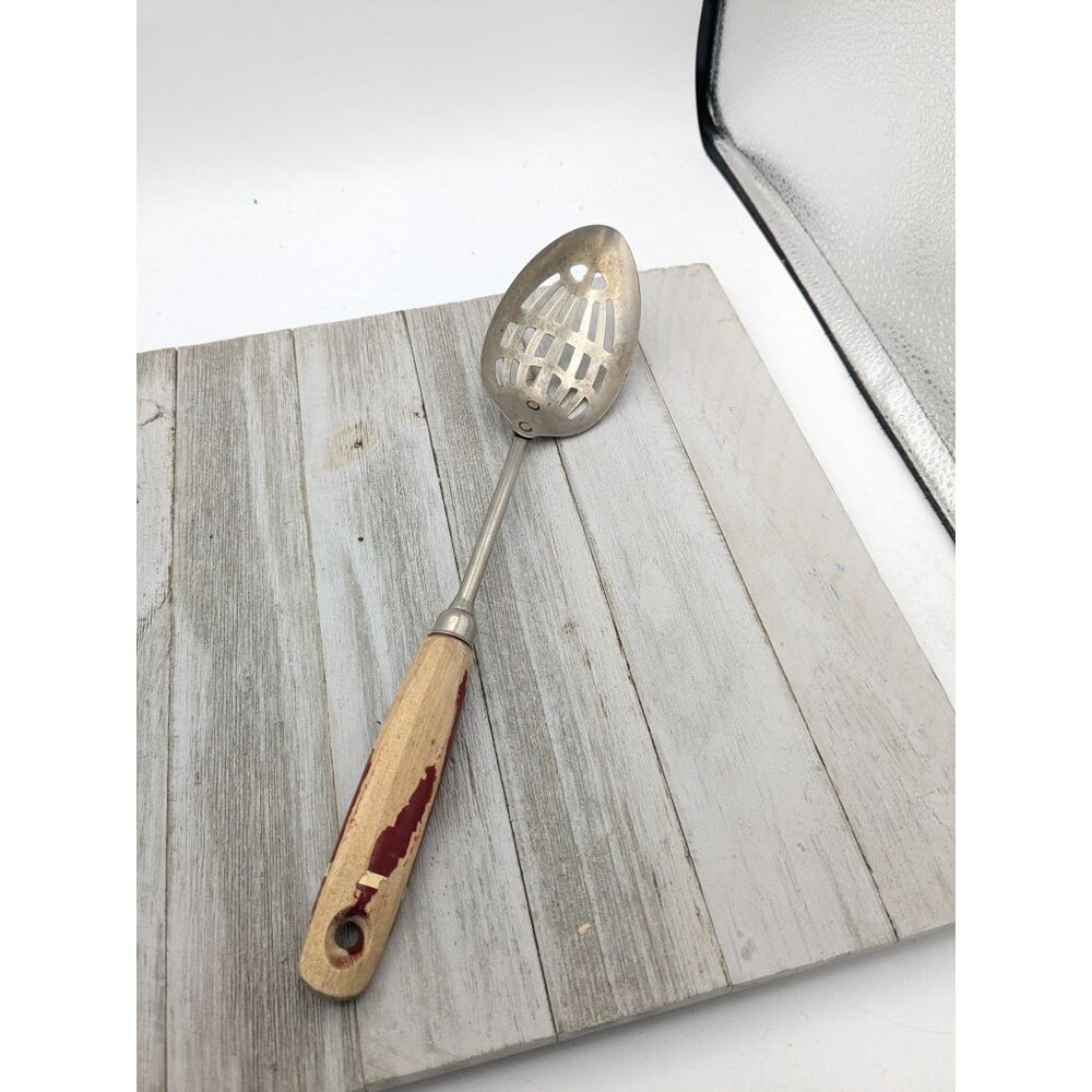 Vintage A&J Slotted Serving Chromium Plated Spoon Wood Handle 12"